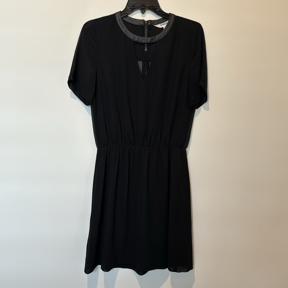 BCBGeneration Chiffon A-line Dress peekaboo v-neck faux leather trim Black S